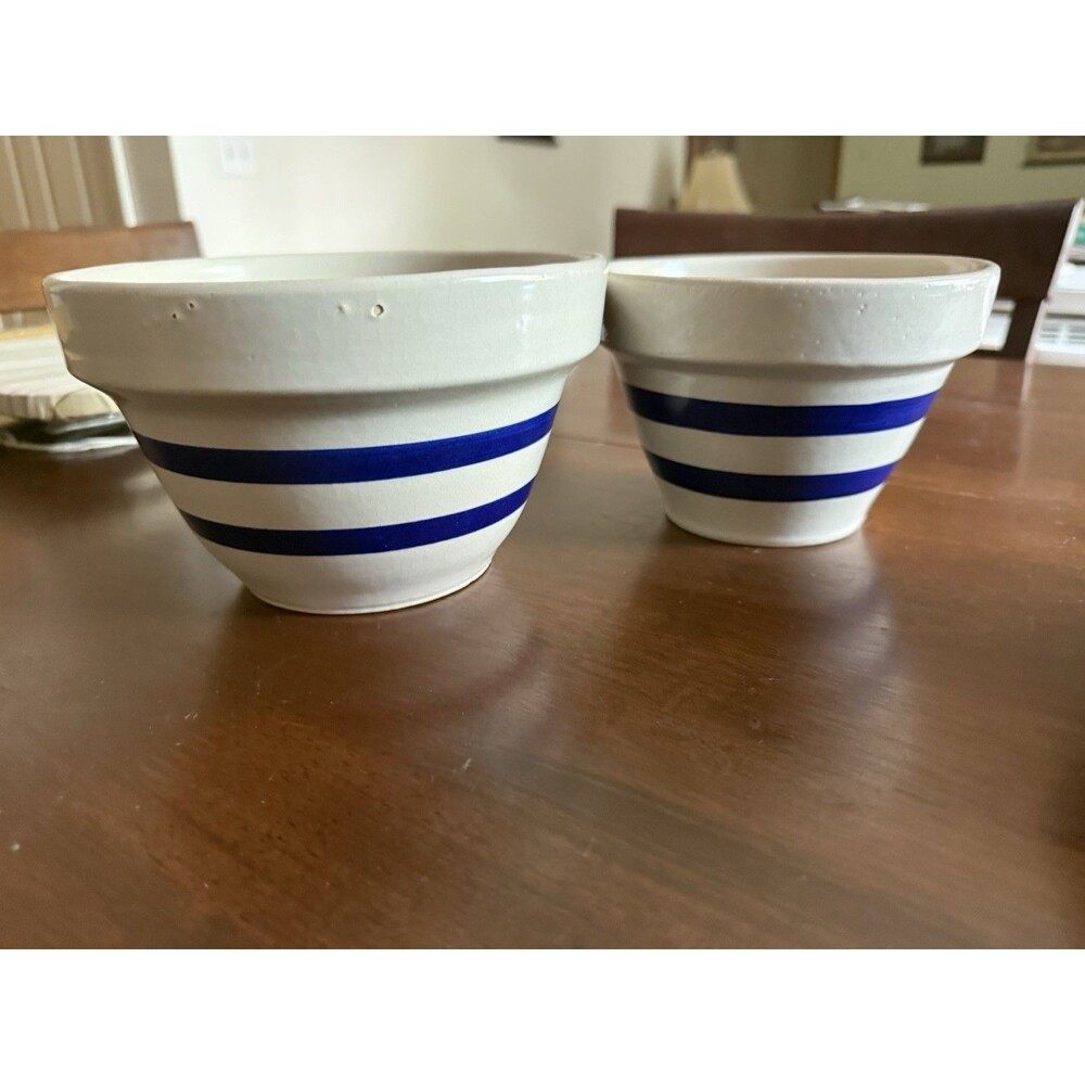 VTG Roseville Pottery RRPCo Stoneware Mixing Bowl Double Blue Band Stripe Set